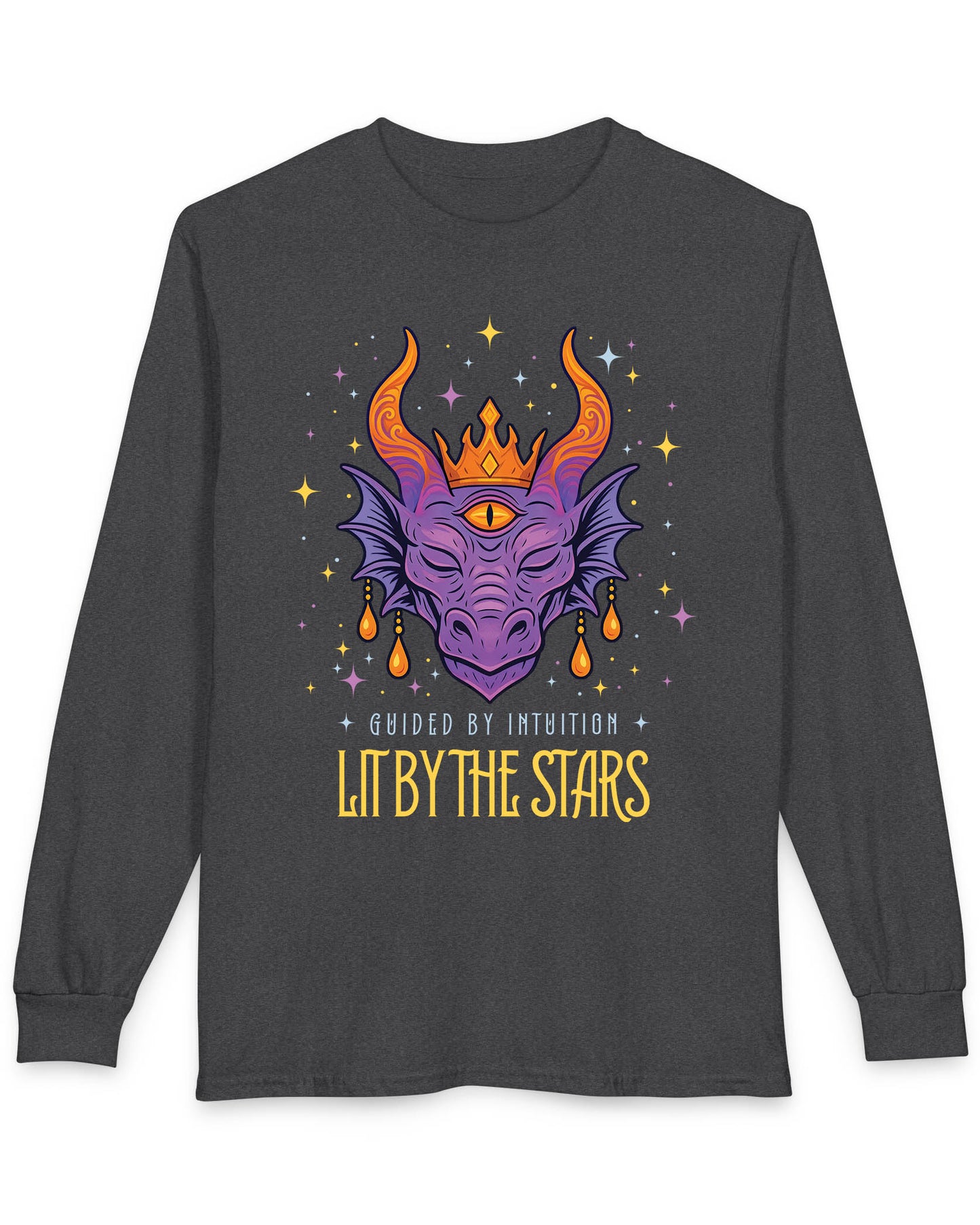 Lit by the Stars shirt in dark heather featuring a crowned purple dragon with a third eye, surrounded by colorful stars