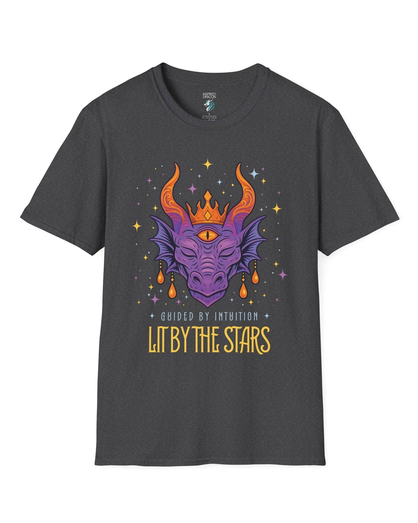 Lit by the Stars shirt in dark heather grey featuring a crowned purple dragon with a third eye, surrounded by colorful stars.