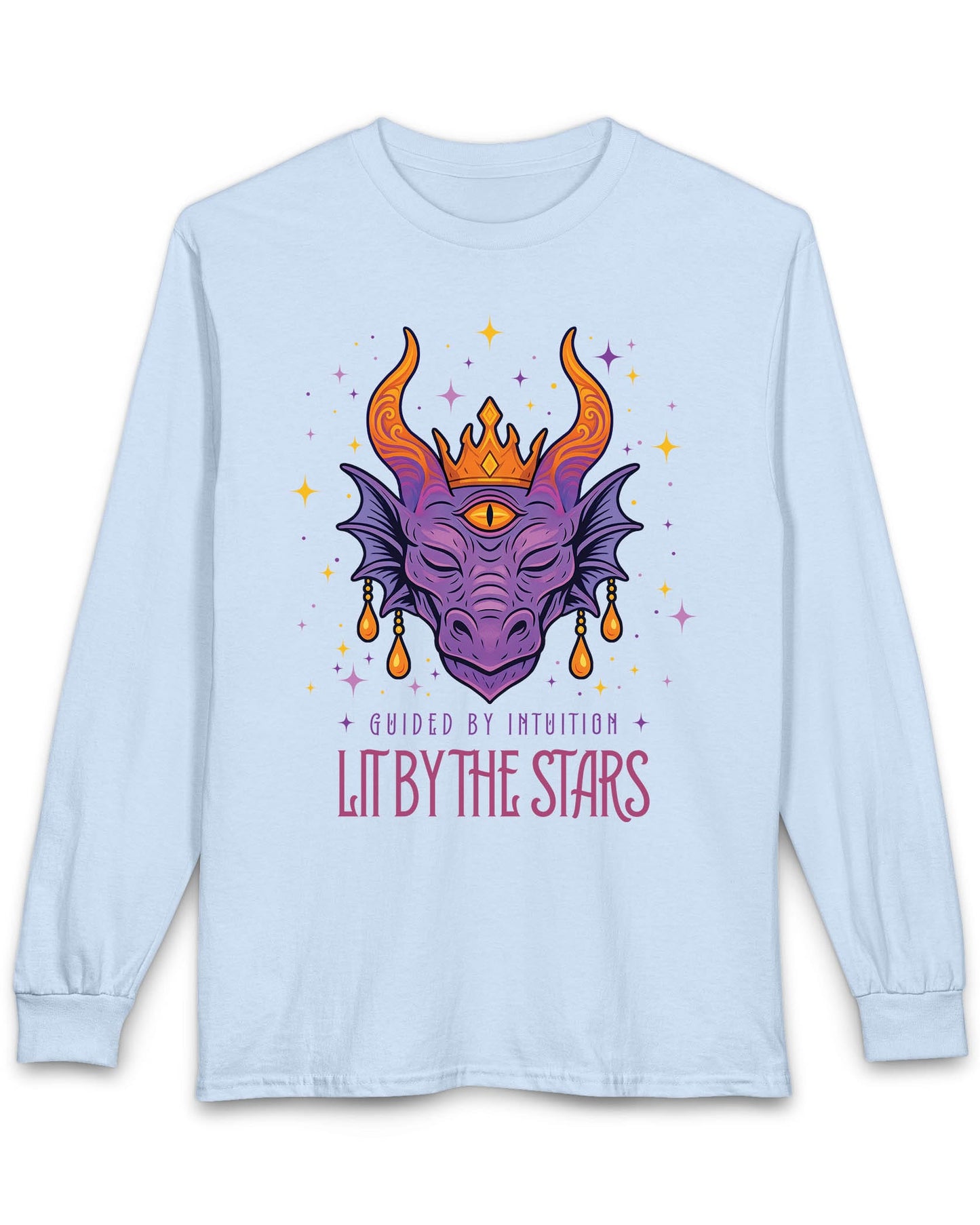 Lit by the Stars shirt in light blue featuring a crowned purple dragon with a third eye, surrounded by colorful stars