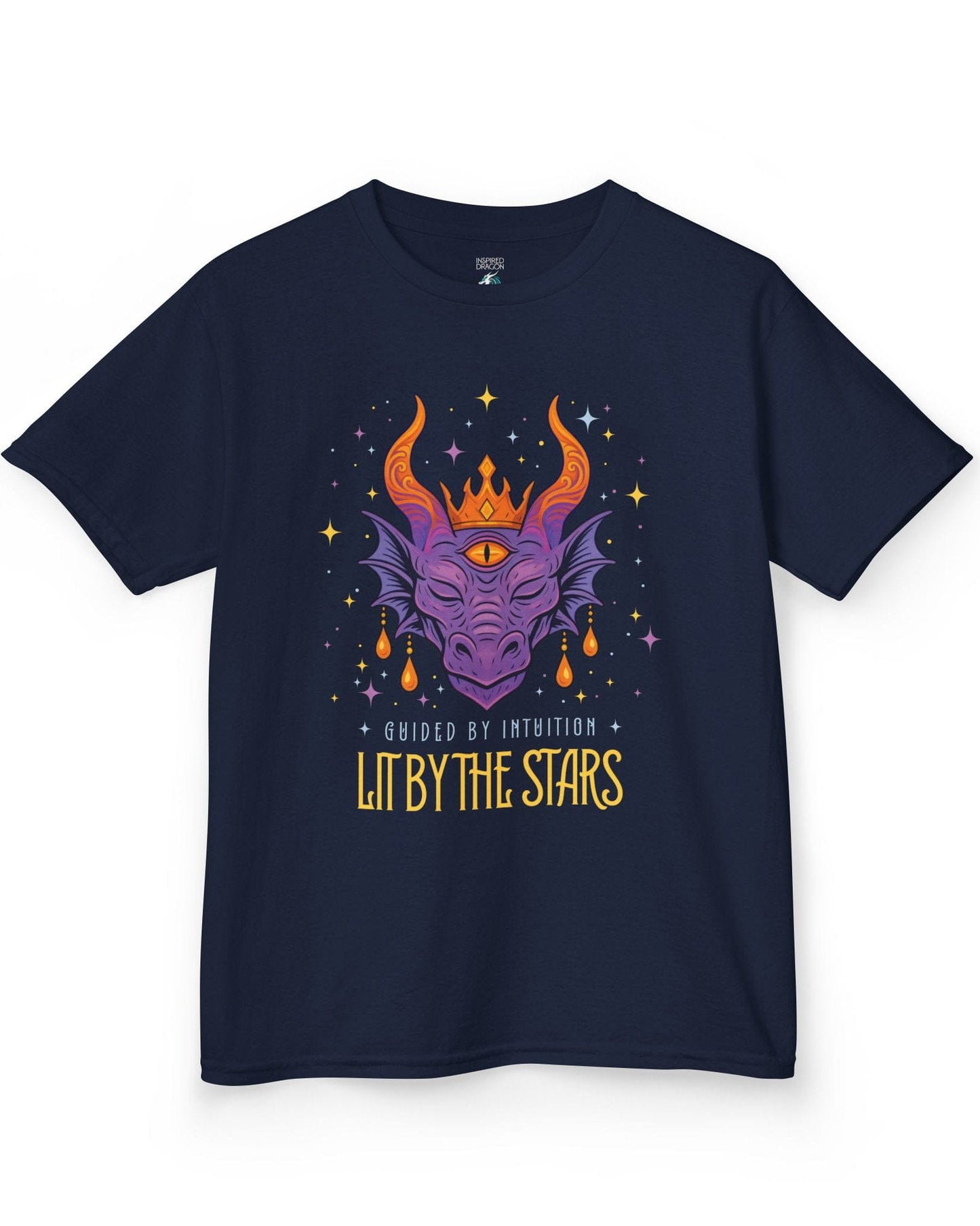 Lit by the Stars shirt in navy featuring a crowned purple dragon with a third eye, surrounded by colorful stars.