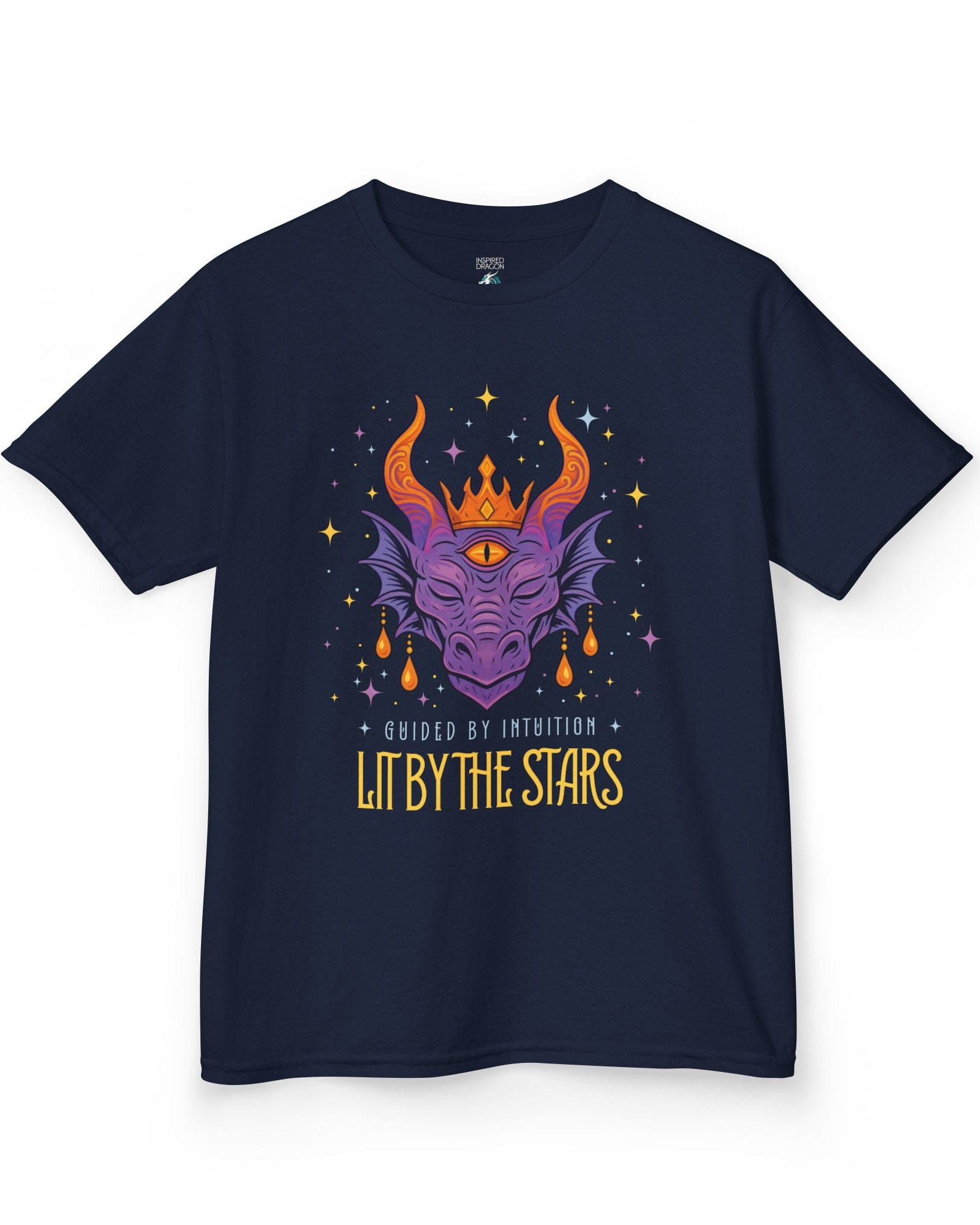 Lit by the Stars shirt in navy featuring a crowned purple dragon with a third eye, surrounded by colorful stars.