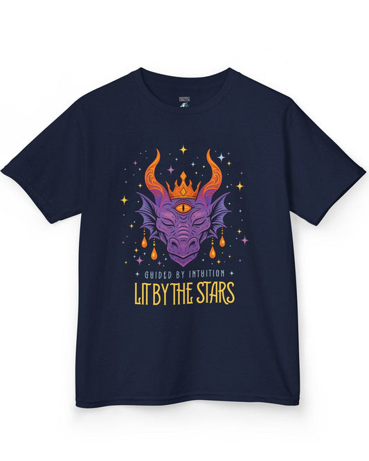 Lit by the Stars shirt in navy featuring a crowned purple dragon with a third eye, surrounded by colorful stars.