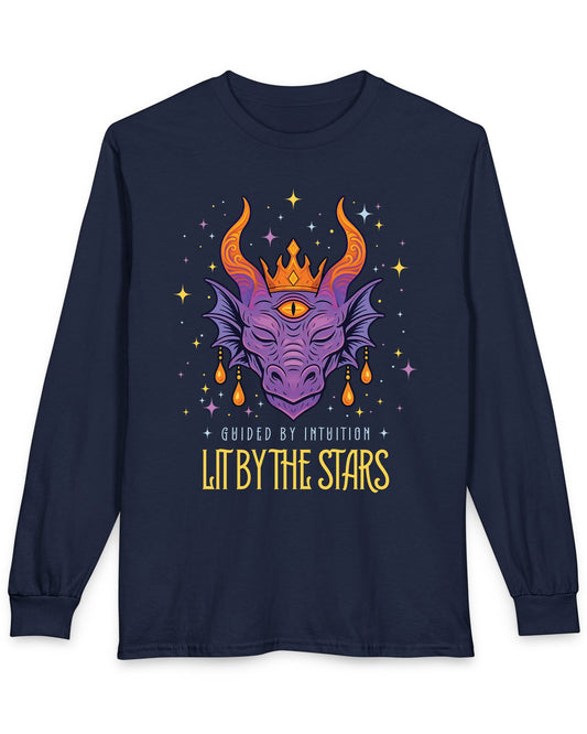 Lit by the Stars shirt in navy featuring a crowned purple dragon with a third eye, surrounded by colorful stars