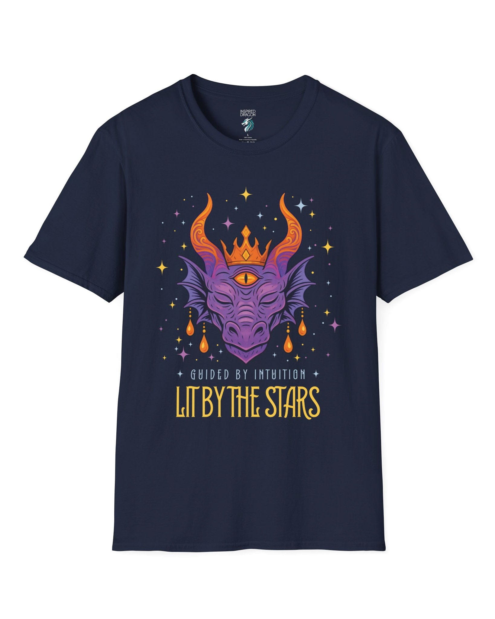 Lit by the Stars shirt in navy featuring a crowned purple dragon with a third eye, surrounded by colorful stars.