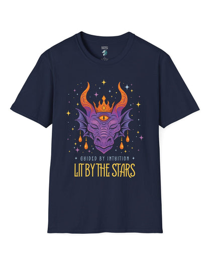 Lit by the Stars shirt in navy featuring a crowned purple dragon with a third eye, surrounded by colorful stars.