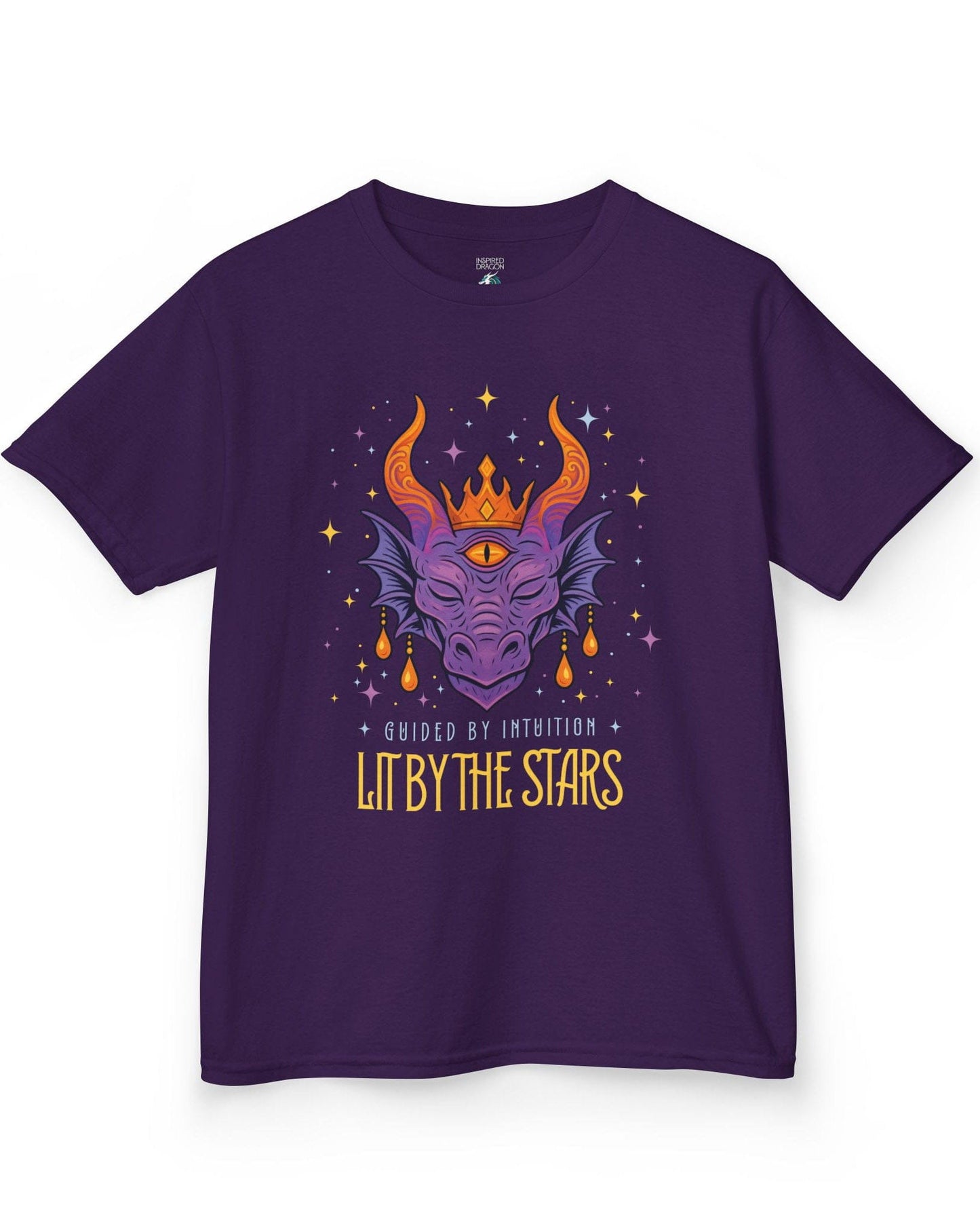 Lit by the Stars shirt in purple featuring a crowned purple dragon with a third eye, surrounded by colorful stars.