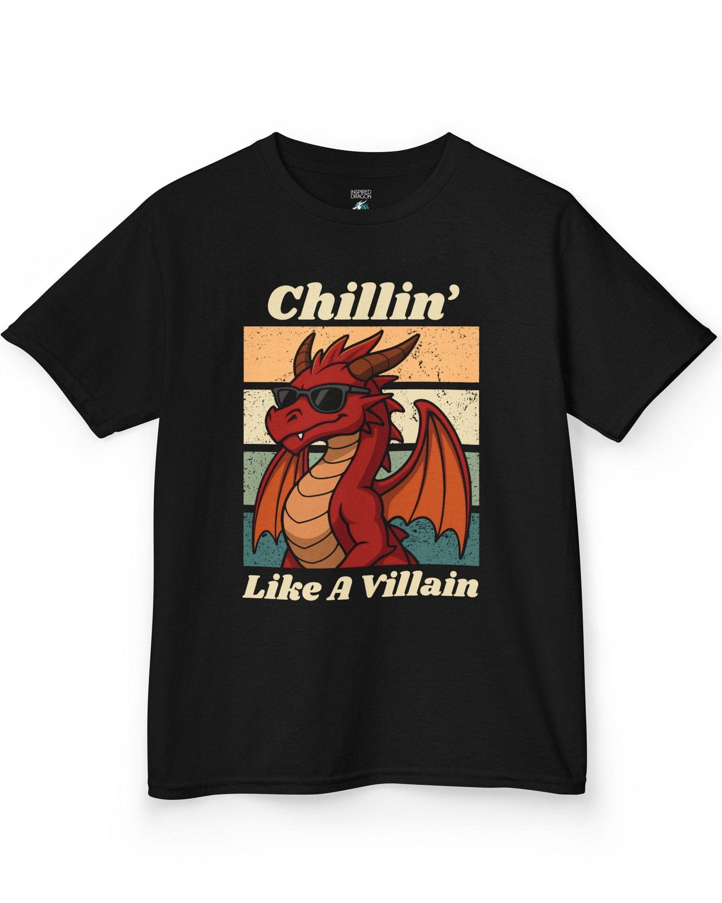 Chillin' Like a Villain shirt in black, featuring a red dragon in sunglasses against a retro sunset background.