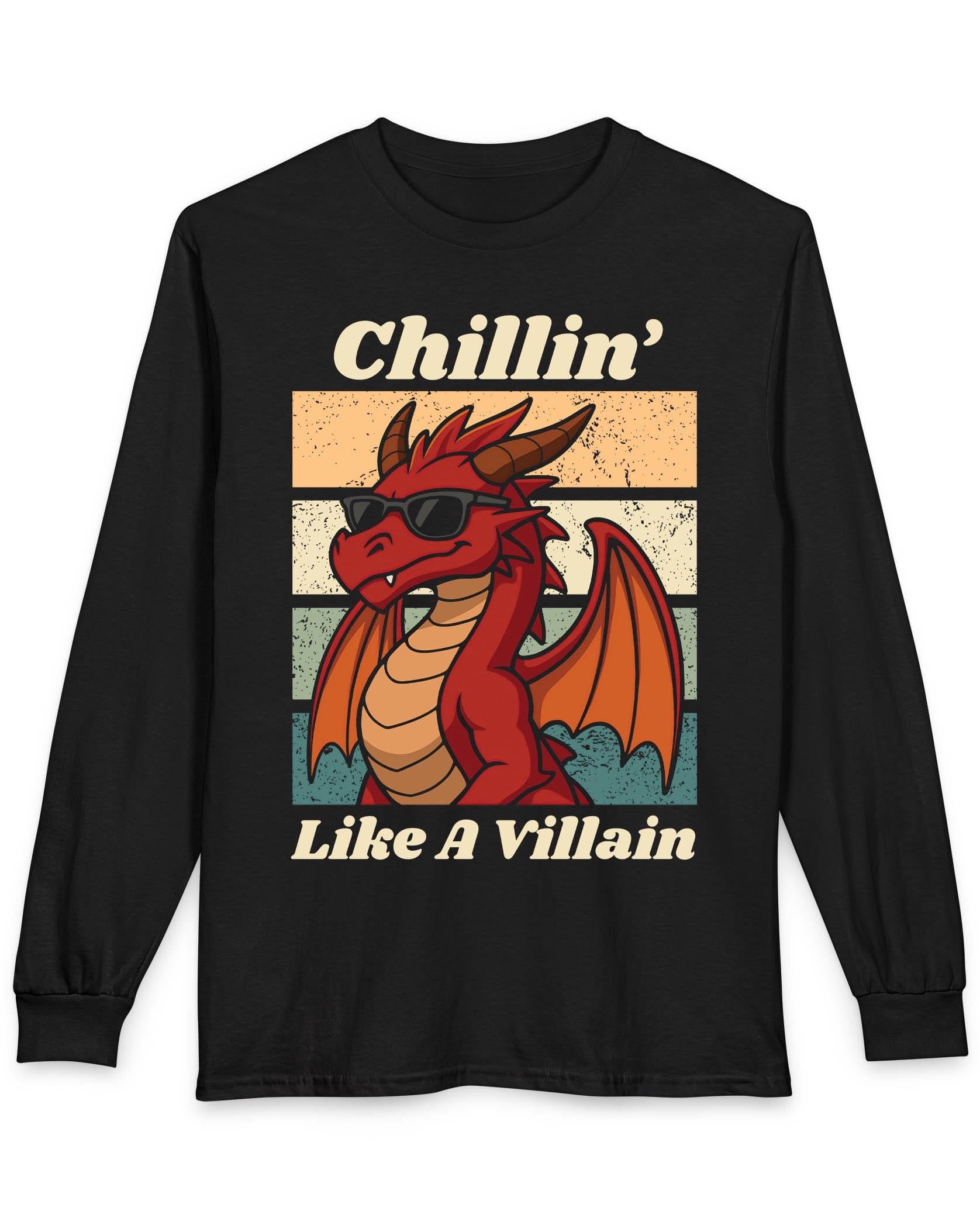 Chillin' Like a Villain shirt in black featuring a red dragon in sunglasses against a retro sunset background