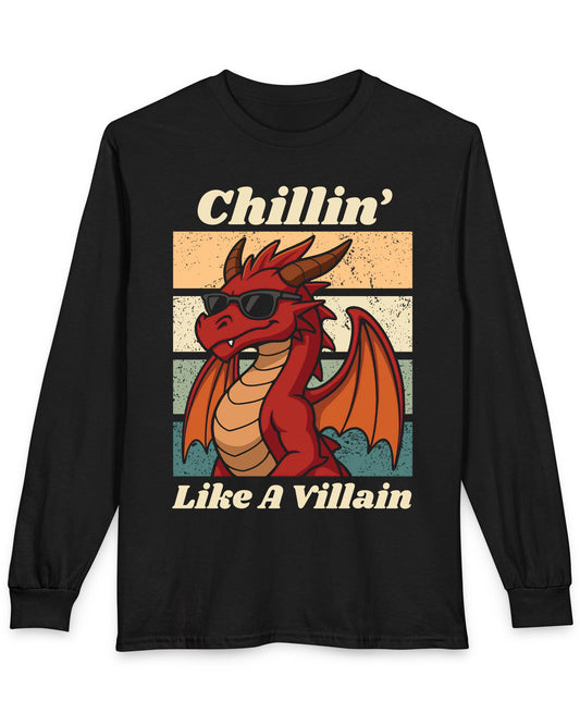 Chillin' Like a Villain shirt in black featuring a red dragon in sunglasses against a retro sunset background
