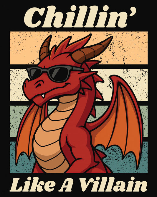 Chillin' Like a Villain shirt in black, featuring a red dragon in sunglasses against a retro sunset background.