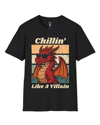 Chillin' Like a Villain shirt in black, featuring a red dragon in sunglasses against a retro sunset background.
