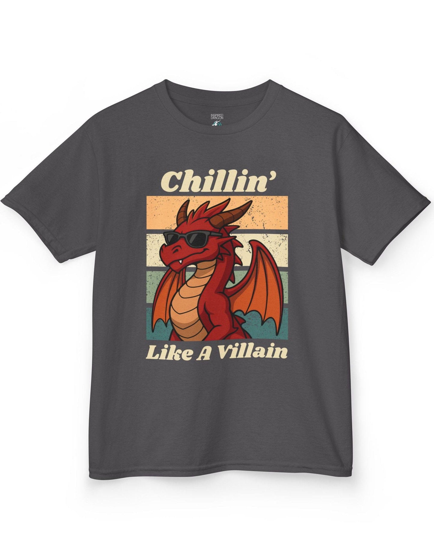 Chillin' Like a Villain shirt in charcoal, featuring a red dragon in sunglasses against a retro sunset background.