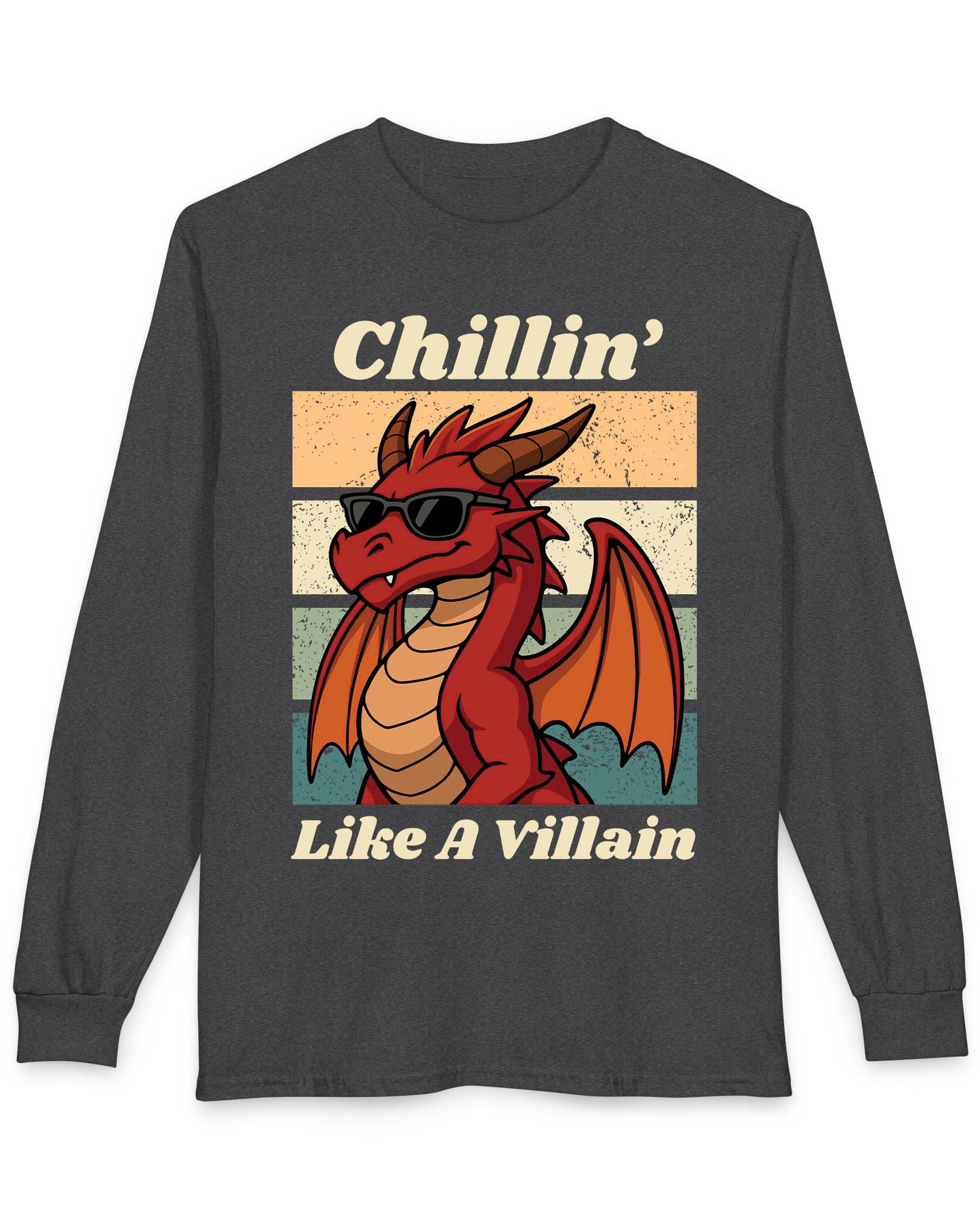 Chillin' Like a Villain shirt in dark heather featuring a red dragon in sunglasses against a retro sunset background