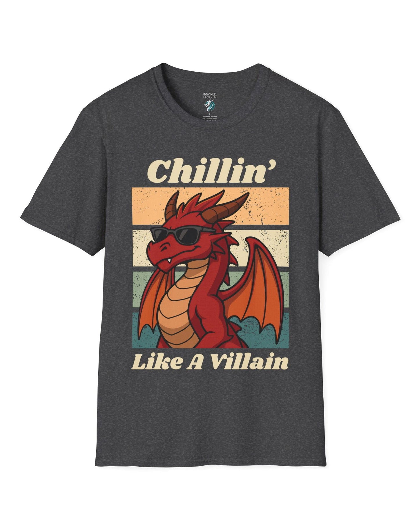 Chillin' Like a Villain shirt in dark heather grey, featuring a red dragon in sunglasses against a retro sunset background.