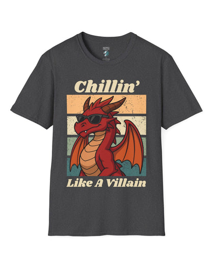 Chillin' Like a Villain shirt in dark heather grey, featuring a red dragon in sunglasses against a retro sunset background.