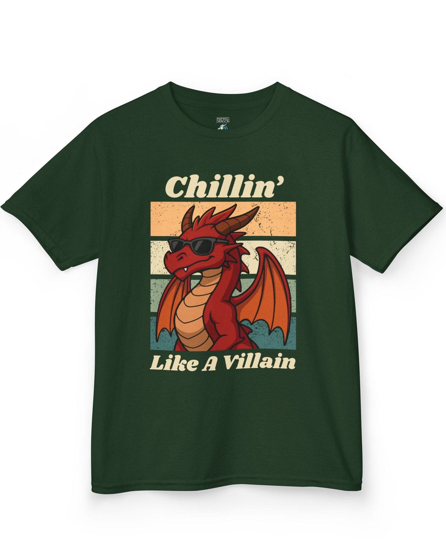 Chillin' Like a Villain shirt in forest green, featuring a red dragon in sunglasses against a retro sunset background.