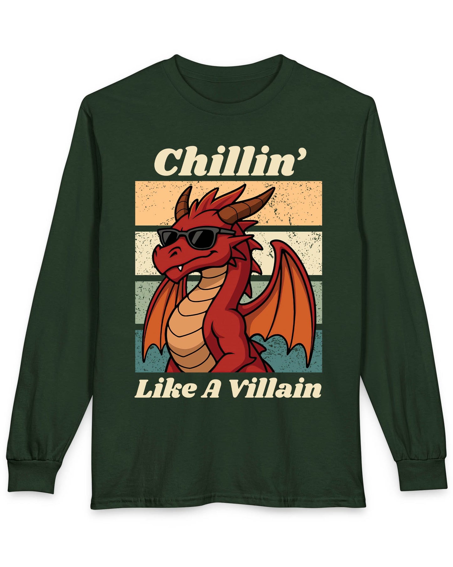 Chillin' Like a Villain shirt in forest green featuring a red dragon in sunglasses against a retro sunset background
