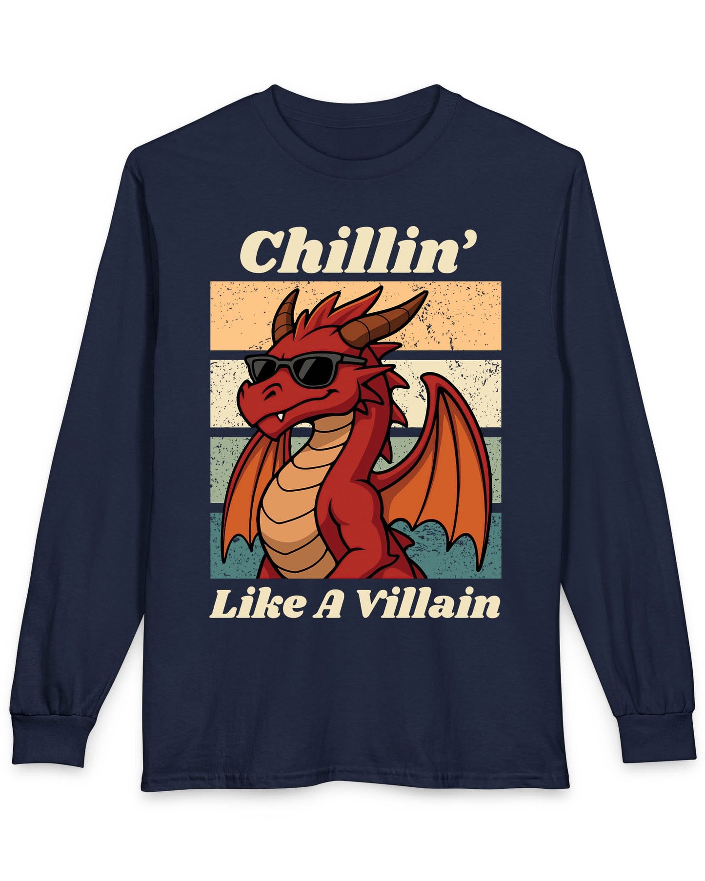 Chillin' Like a Villain shirt in navy featuring a red dragon in sunglasses against a retro sunset background