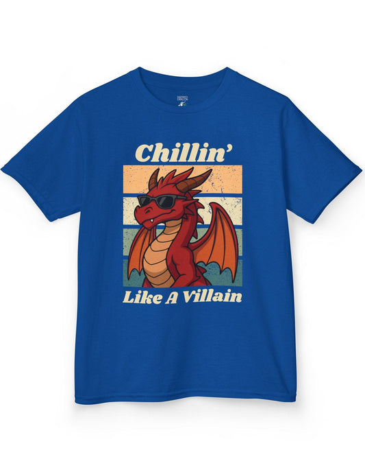 Chillin' Like a Villain shirt in royal blue, featuring a red dragon in sunglasses against a retro sunset background.