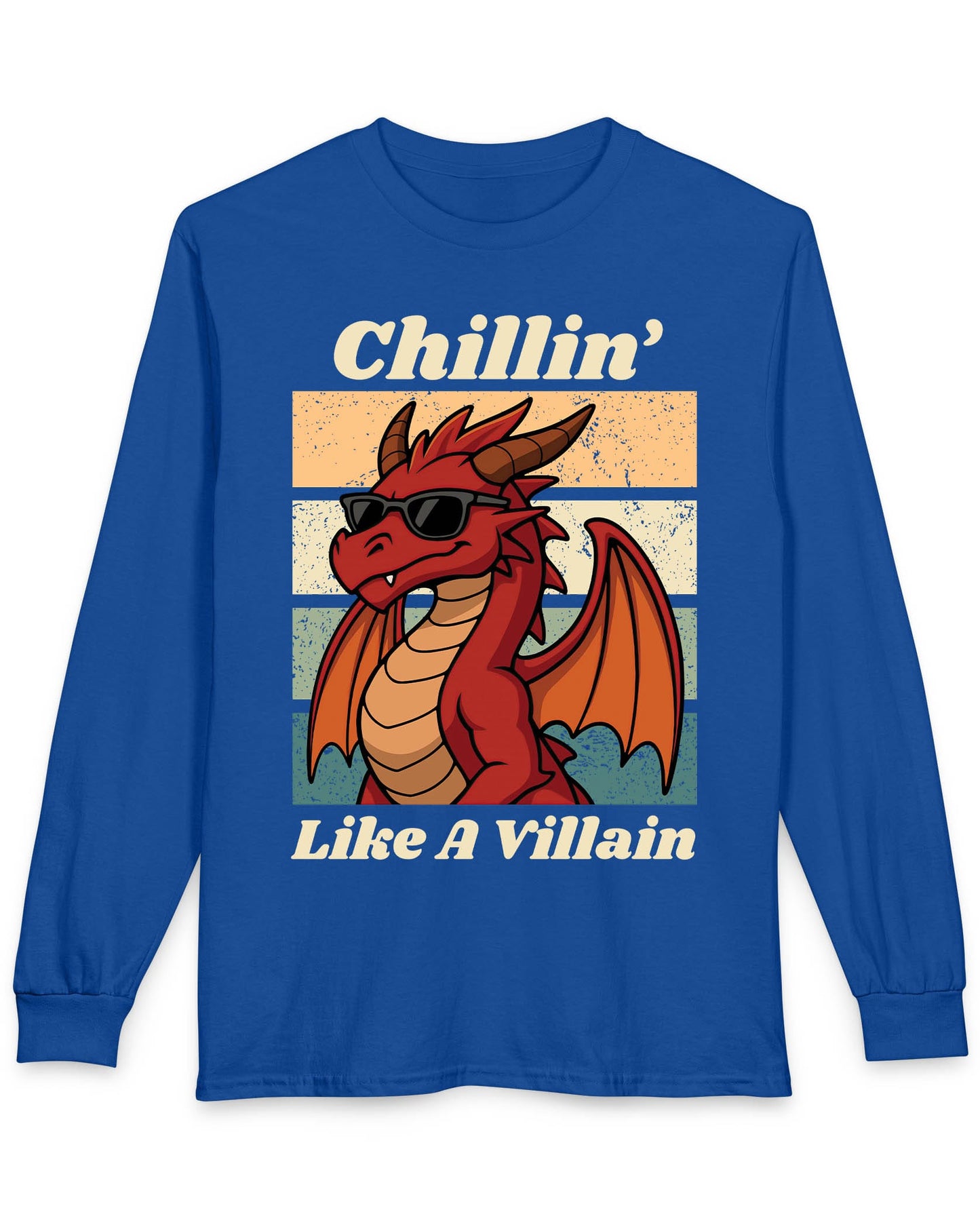 Chillin' Like a Villain shirt in royal blue featuring a red dragon in sunglasses against a retro sunset background