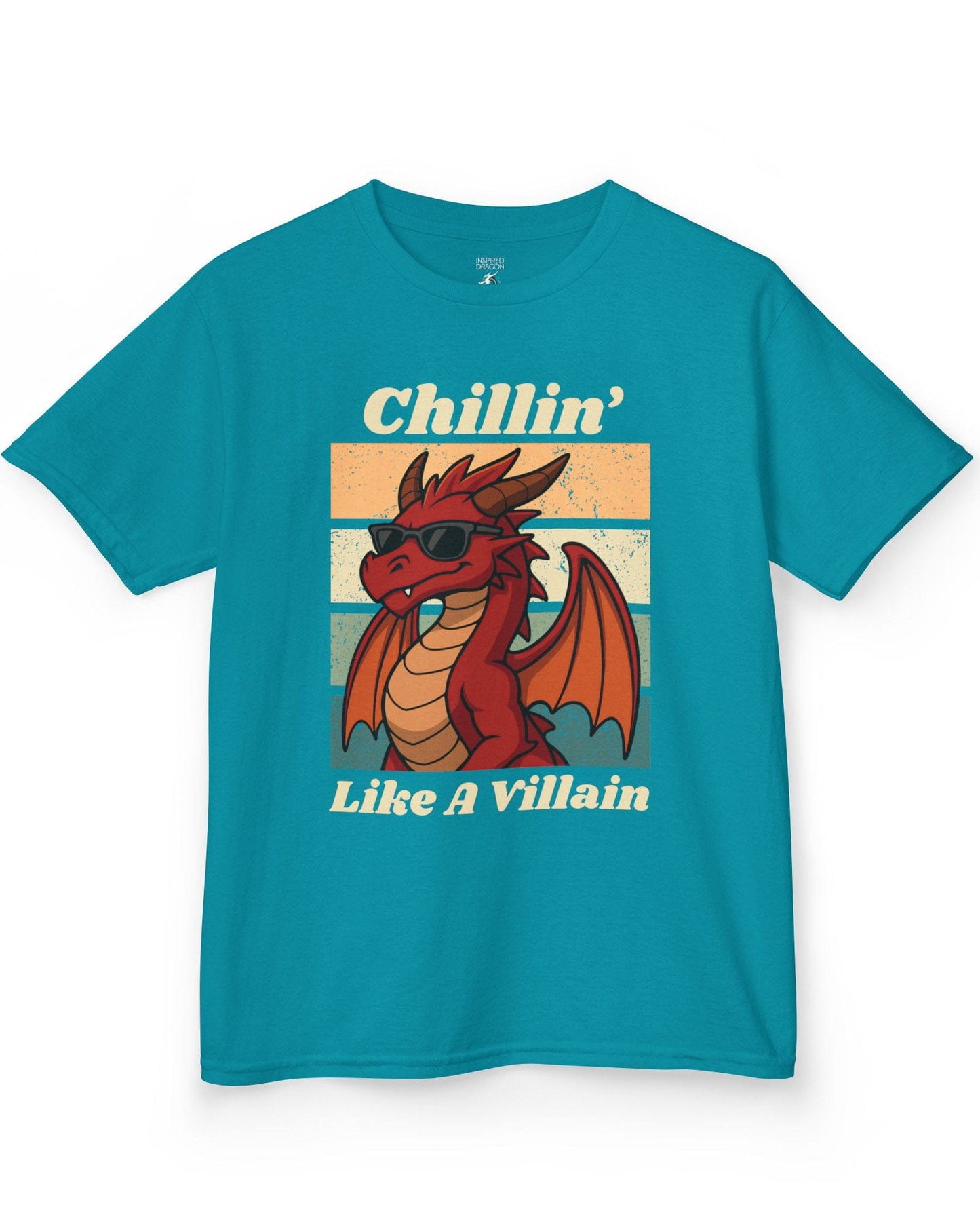 Chillin' Like a Villain shirt in tropical blue, featuring a red dragon in sunglasses against a retro sunset background.