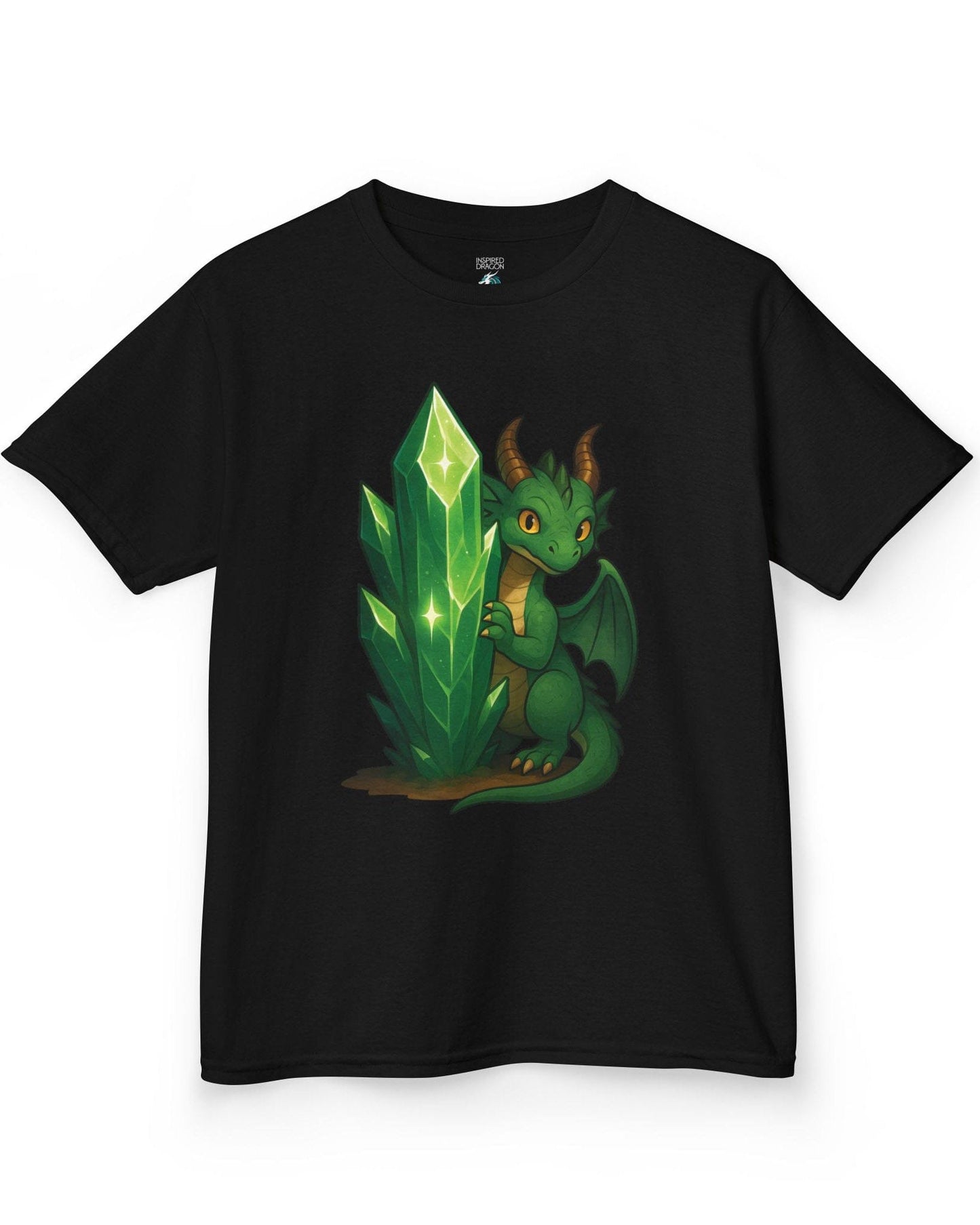 Keeper of the Crystals shirt in black, featuring a green dragon guarding a glowing emerald crystal cluster.