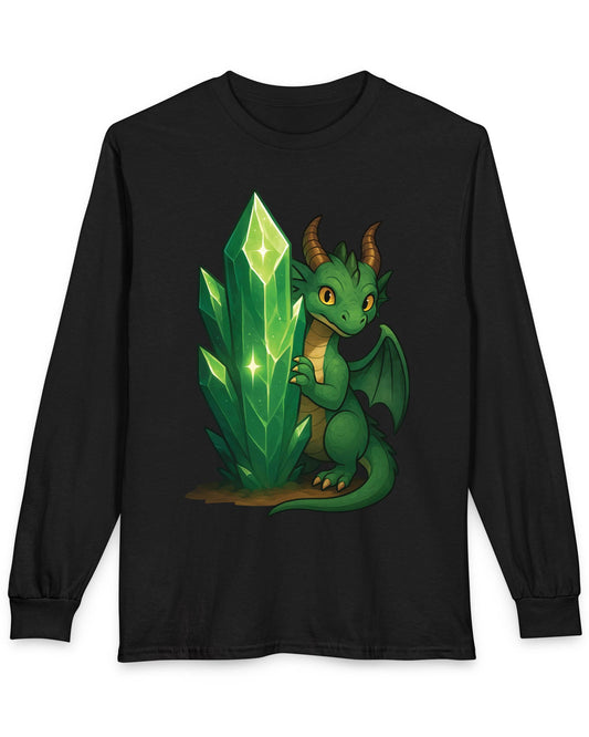 Keeper of the Crystals shirt in black featuring a green dragon guarding a glowing emerald crystal cluster