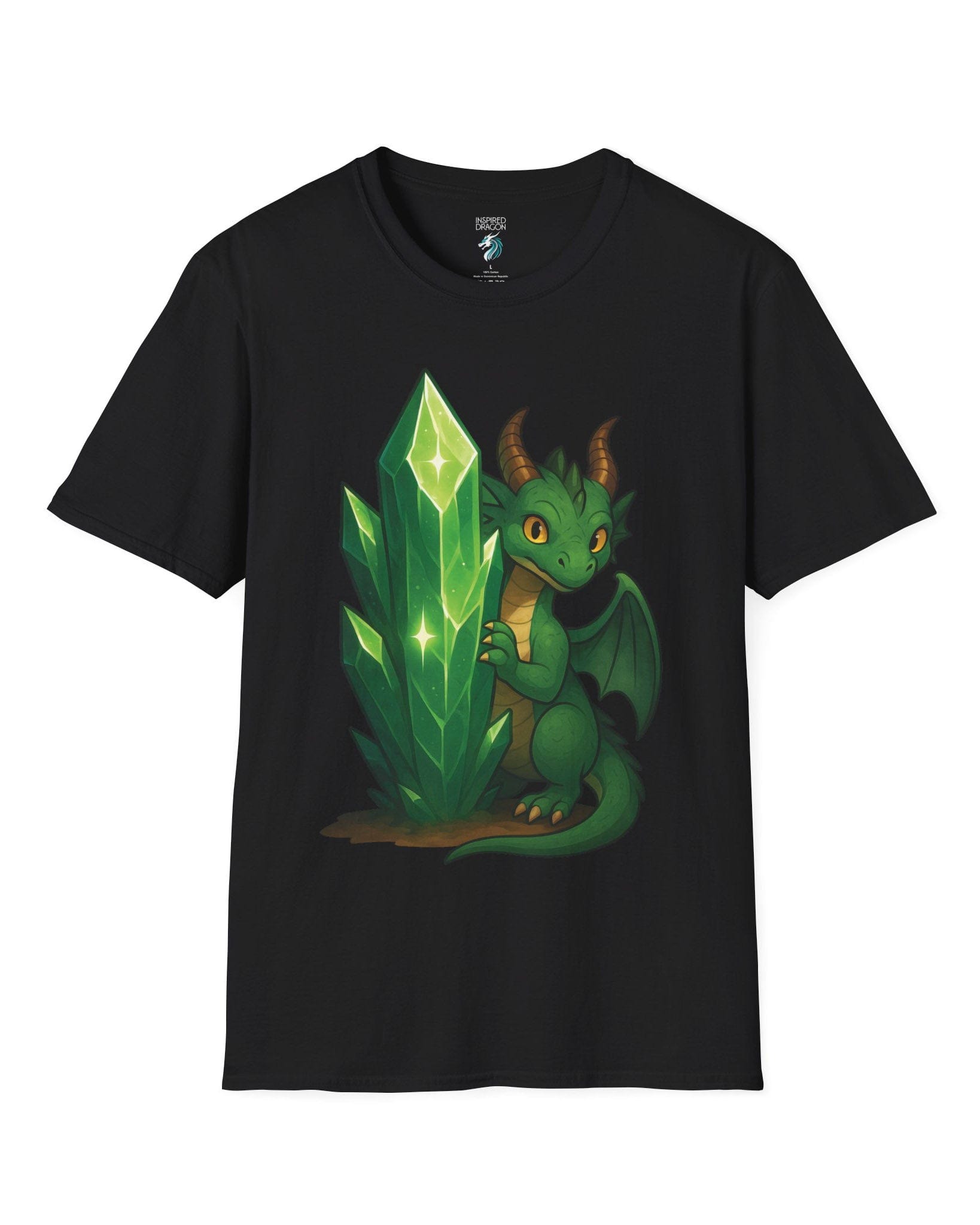 Keeper of the Crystals shirt in black, featuring a green dragon guarding a glowing emerald crystal cluster.