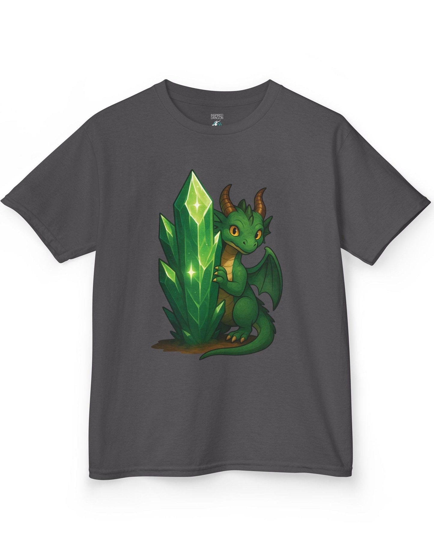 Keeper of the Crystals shirt in charcoal, featuring a green dragon guarding a glowing emerald crystal cluster.