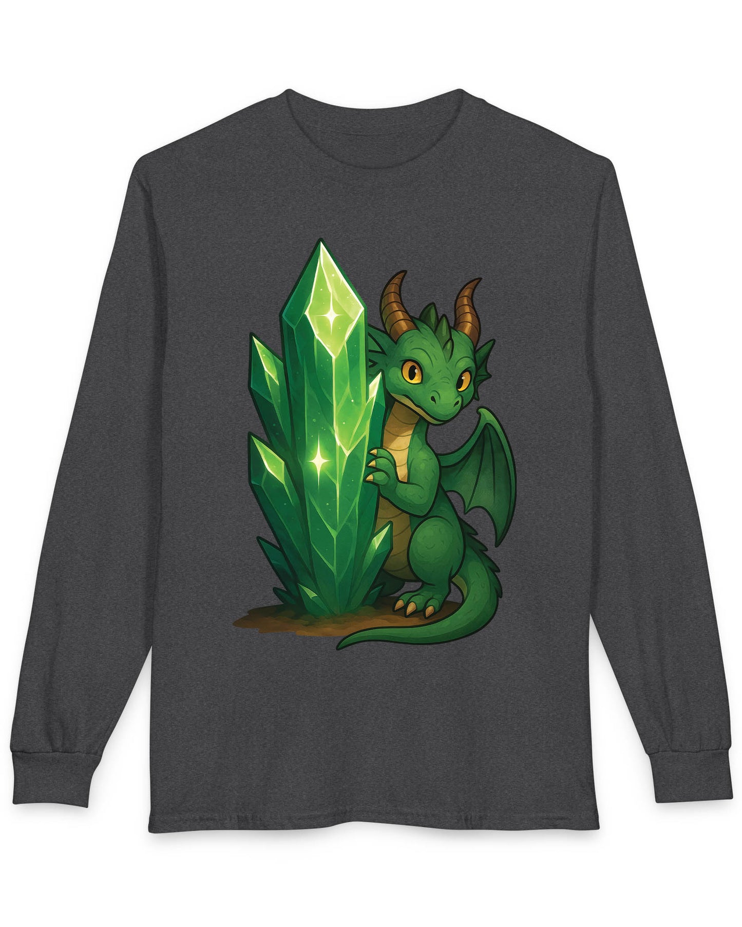 Keeper of the Crystals shirt in dark heather featuring a green dragon guarding a glowing emerald crystal cluster