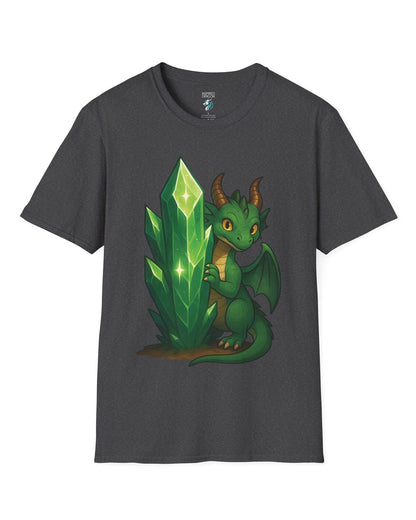 Keeper of the Crystals shirt in dark heather grey, featuring a green dragon guarding a glowing emerald crystal cluster.