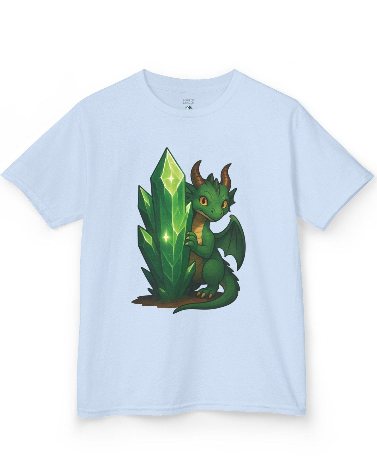 Keeper of the Crystals shirt in light blue, featuring a green dragon guarding a glowing emerald crystal cluster.