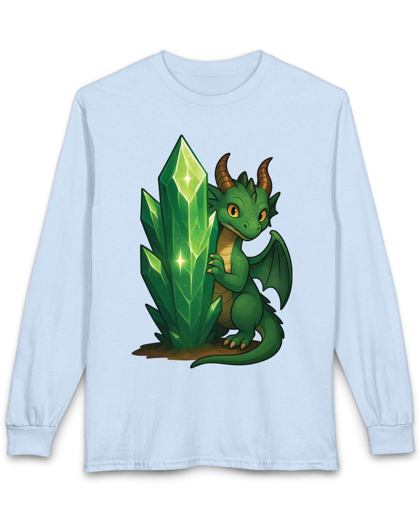 Keeper of the Crystals shirt in light blue featuring a green dragon guarding a glowing emerald crystal cluster