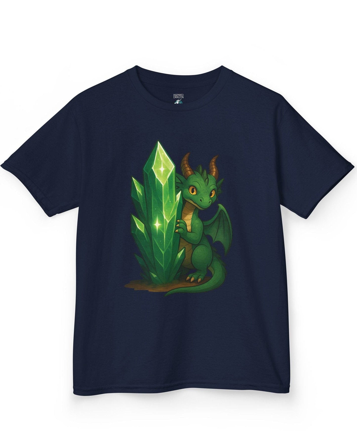 Keeper of the Crystals shirt in navy, featuring a green dragon guarding a glowing emerald crystal cluster.