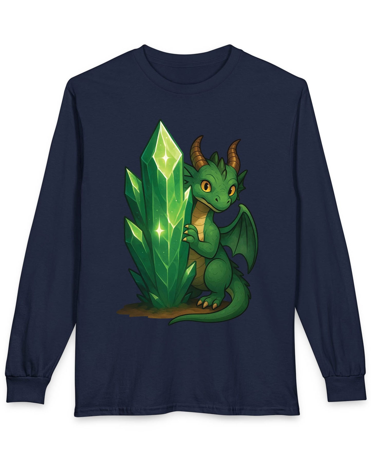 Keeper of the Crystals shirt in navy featuring a green dragon guarding a glowing emerald crystal cluster