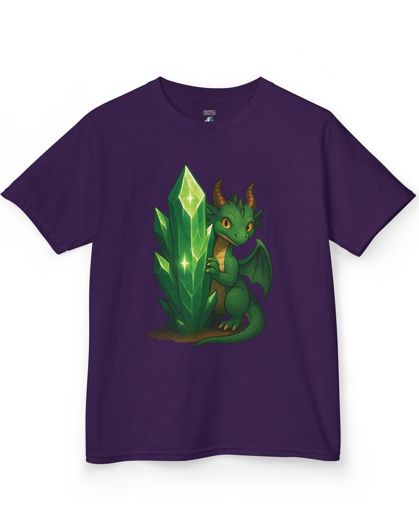 Keeper of the Crystals shirt in purple, featuring a green dragon guarding a glowing emerald crystal cluster.