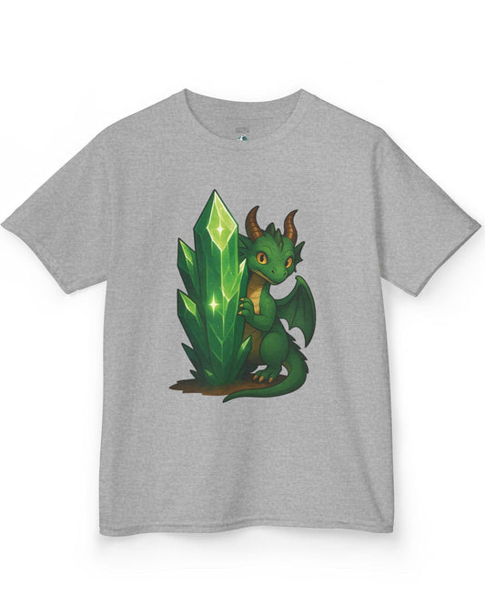 Keeper of the Crystals shirt in sport grey, featuring a green dragon guarding a glowing emerald crystal cluster.