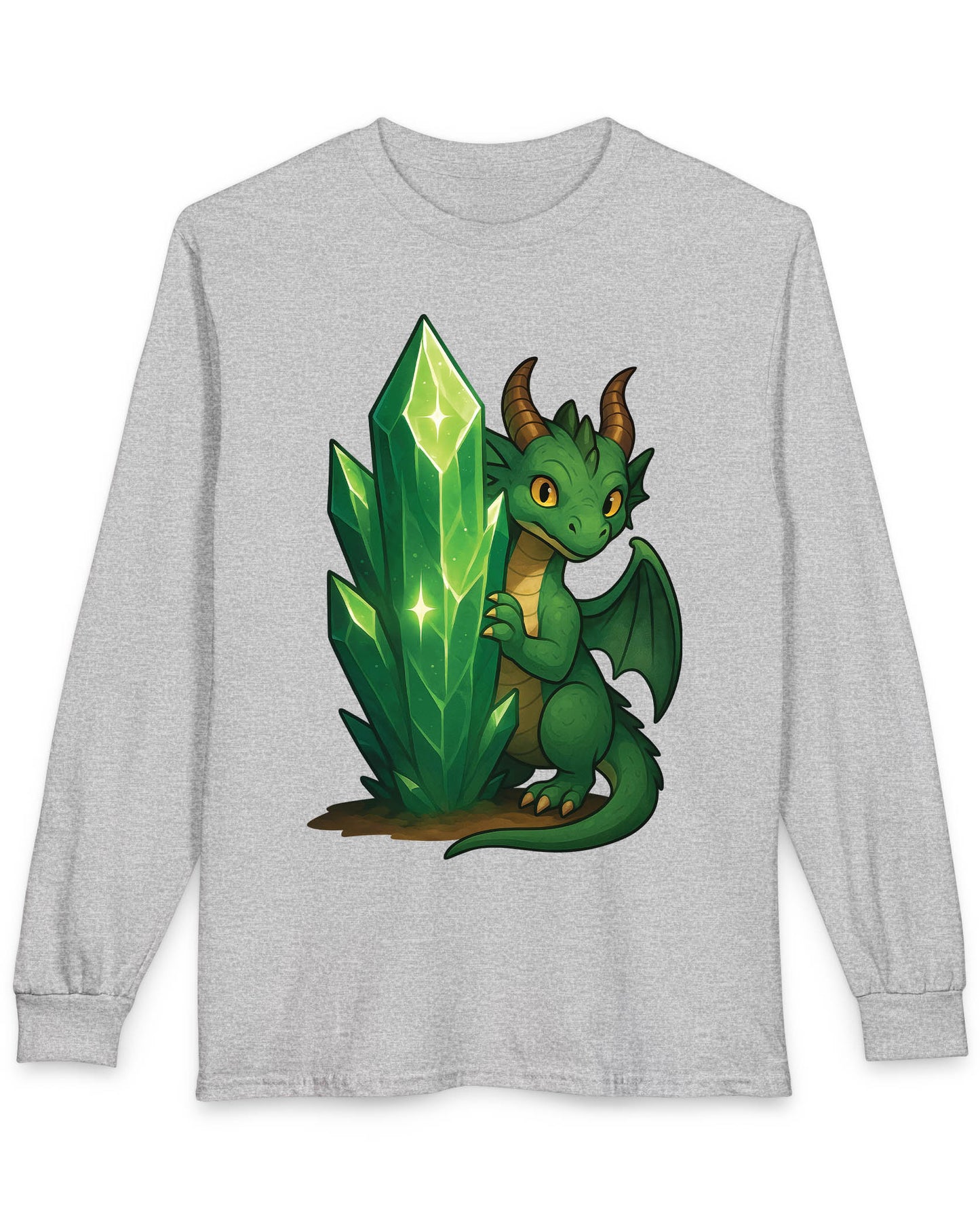 Keeper of the Crystals shirt in sport grey featuring a green dragon guarding a glowing emerald crystal cluster