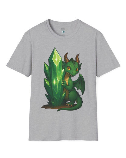 Keeper of the Crystals shirt in sport grey, featuring a green dragon guarding a glowing emerald crystal cluster.