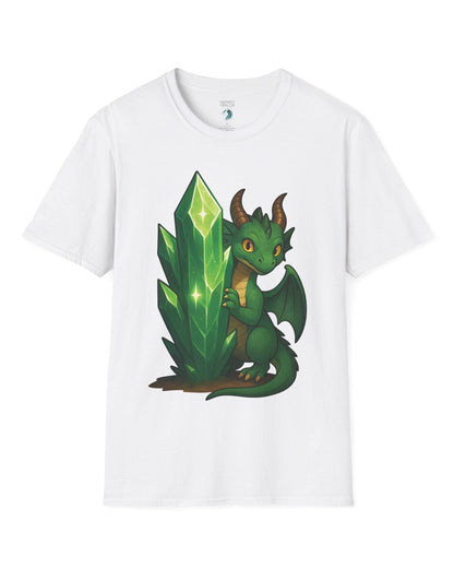 Keeper of the Crystals shirt in white, featuring a green dragon guarding a glowing emerald crystal cluster.