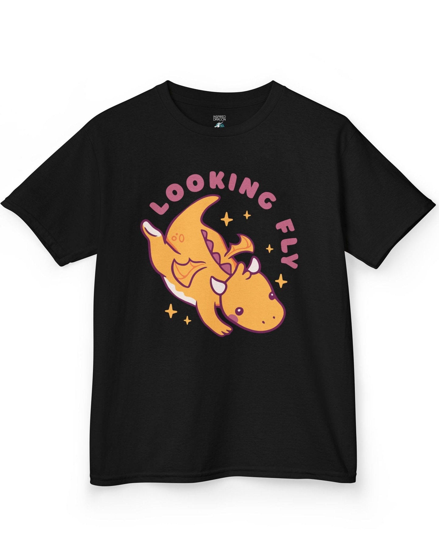 Looking Fly shirt in black, featuring a cute orange dragon flying with sparkles around it.