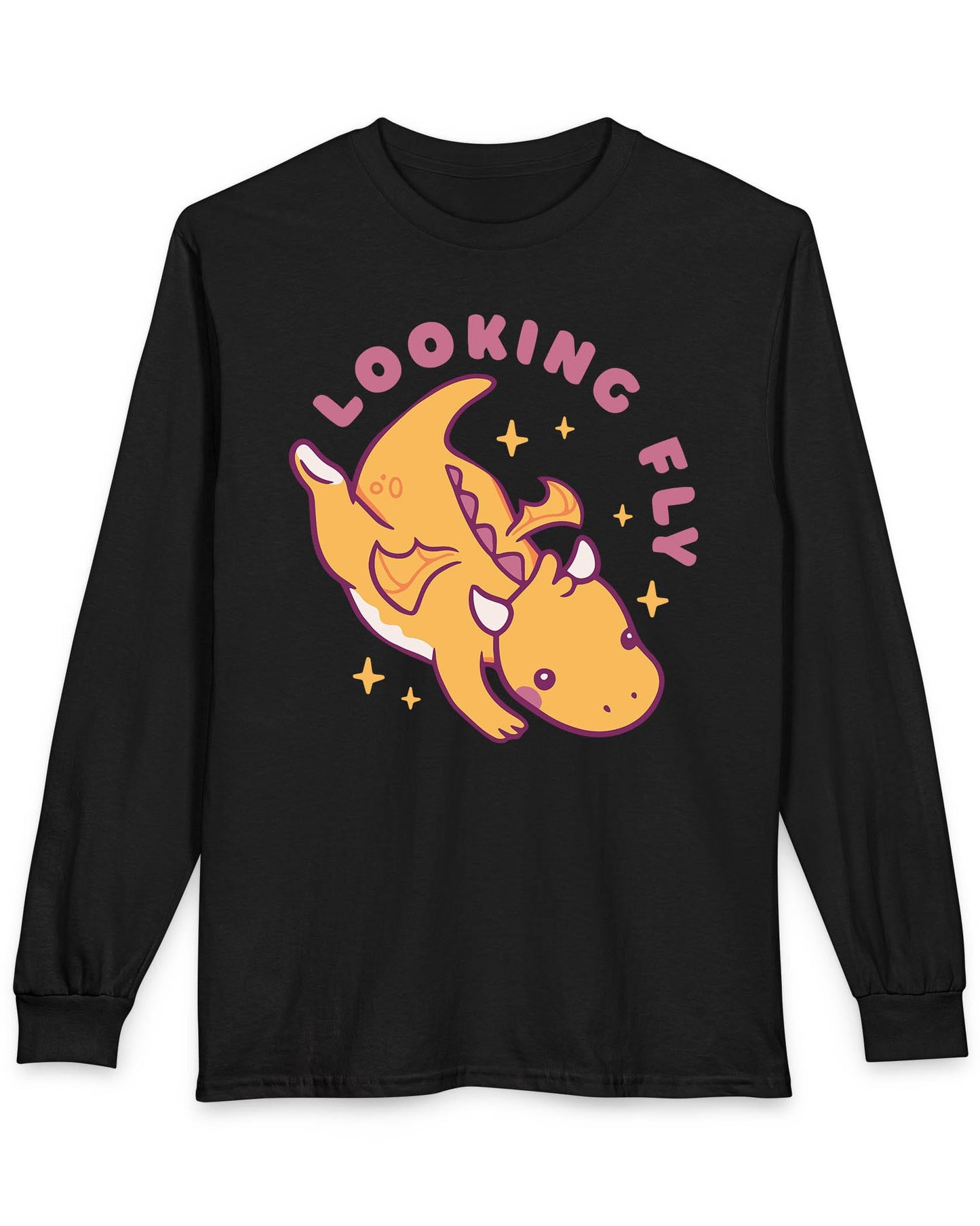 Looking Fly shirt in black featuring a cute orange dragon flying with sparkles around it