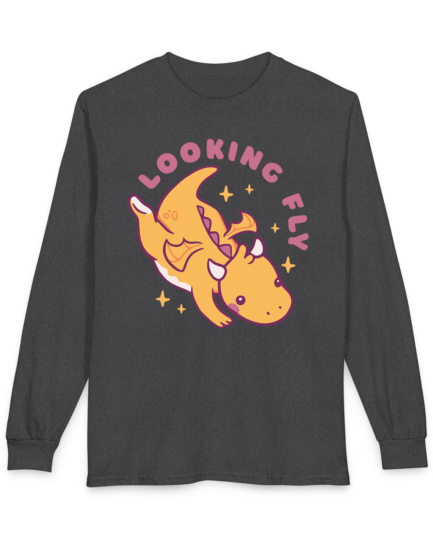 Looking Fly shirt in dark heather featuring a cute orange dragon flying with sparkles around it