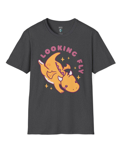 Looking Fly shirt in dark heather grey, featuring a cute orange dragon flying with sparkles around it.