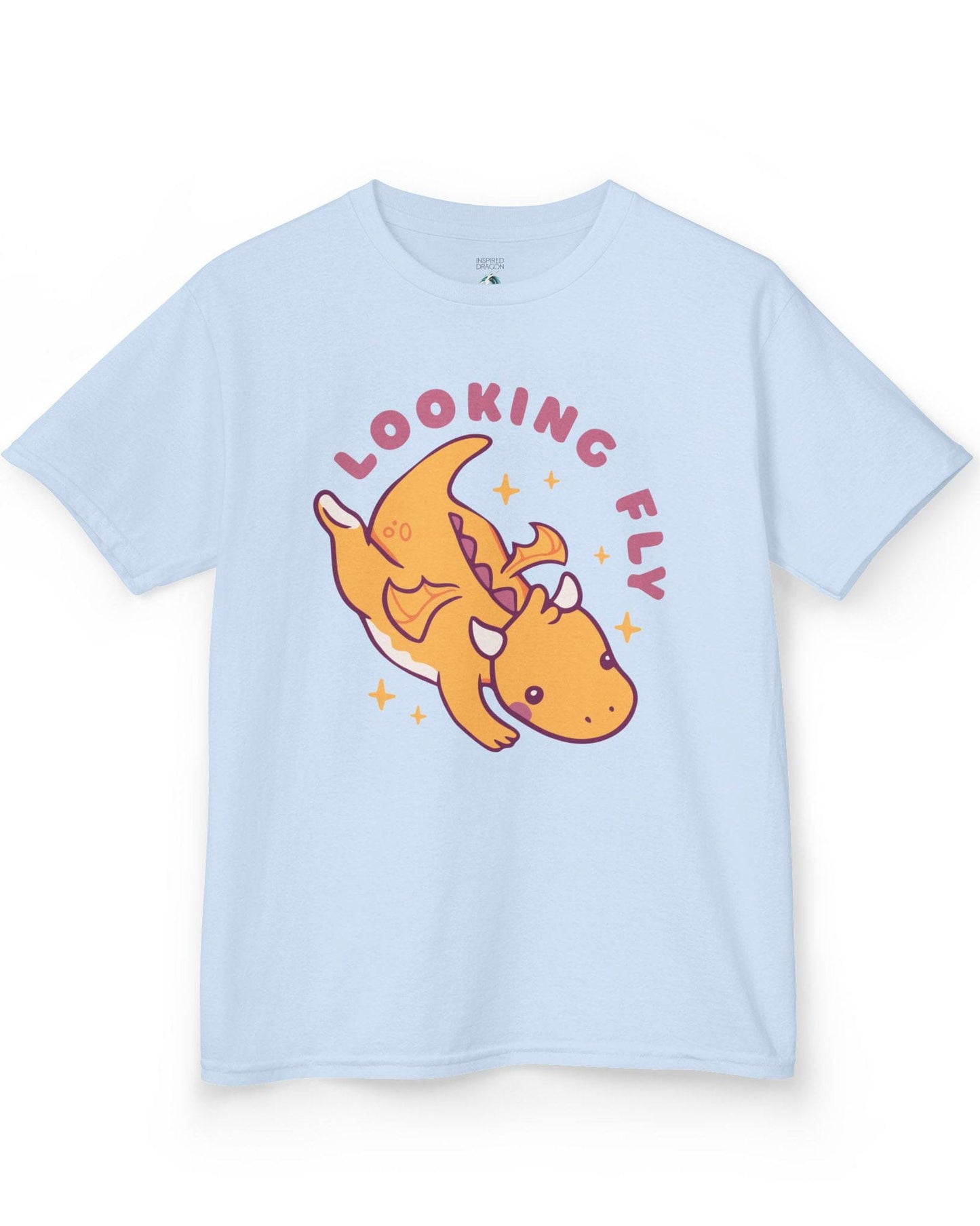 Looking Fly shirt in light blue, featuring a cute orange dragon flying with sparkles around it.