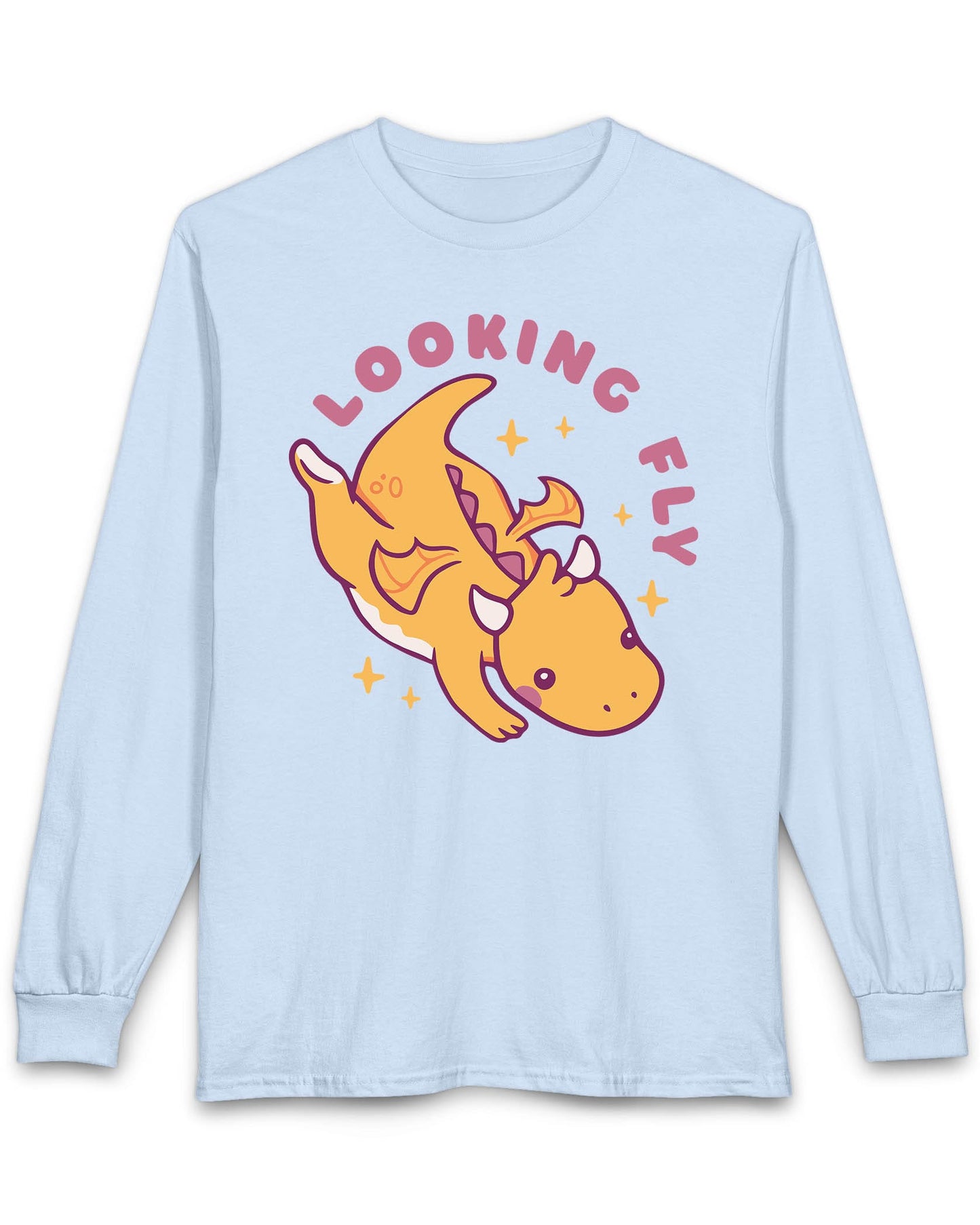 Looking Fly shirt in light blue featuring a cute orange dragon flying with sparkles around it