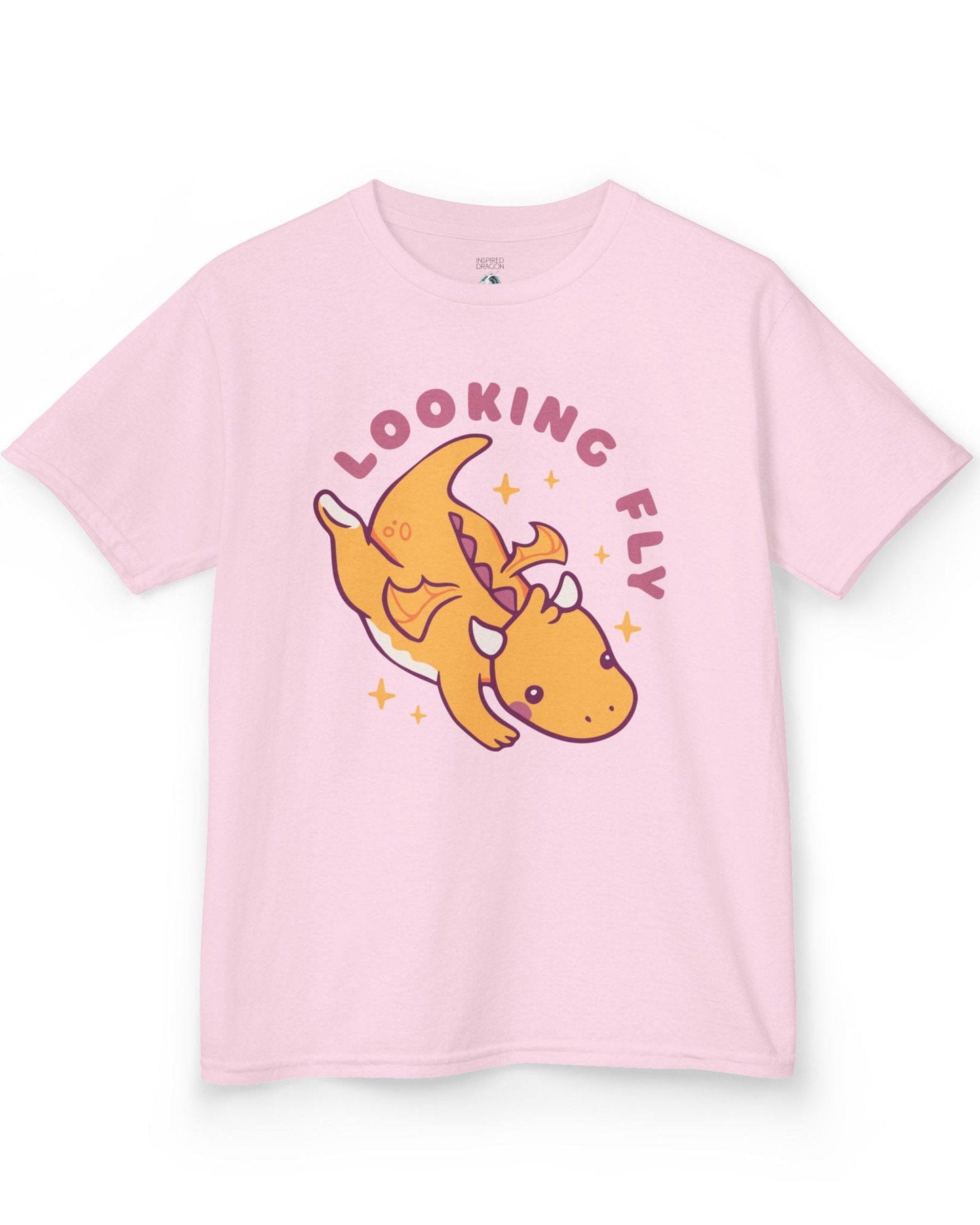 Looking Fly shirt in light pink, featuring a cute orange dragon flying with sparkles around it.