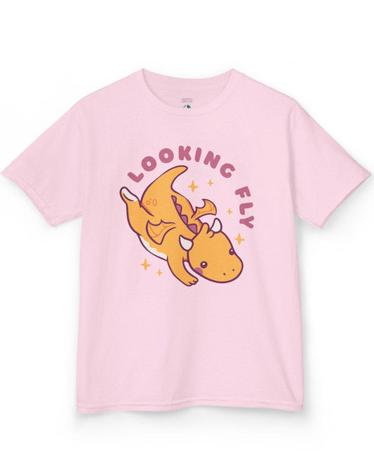 Looking Fly shirt in light pink, featuring a cute orange dragon flying with sparkles around it.