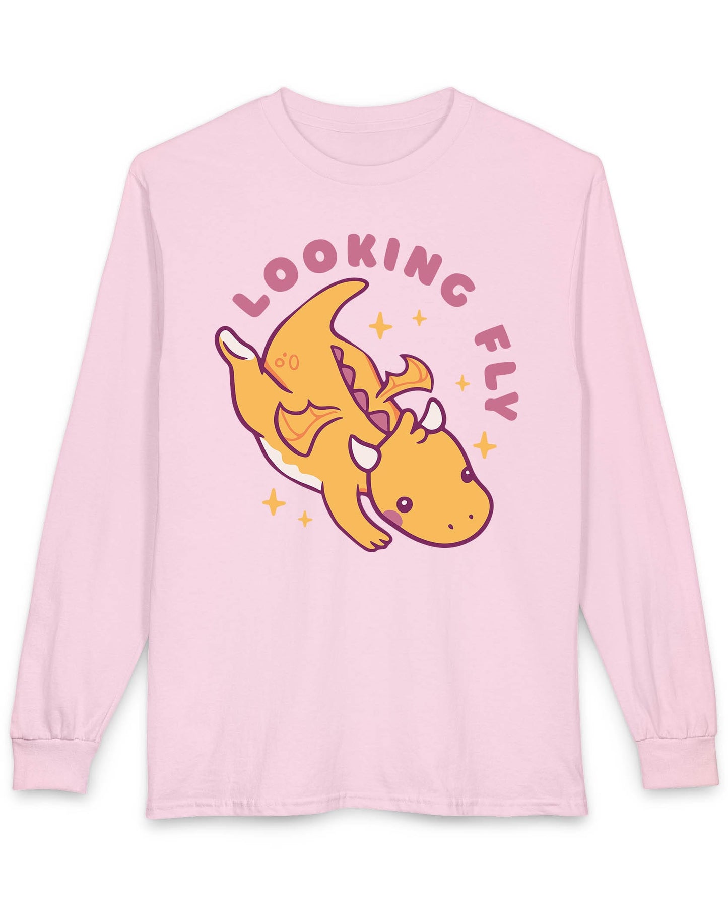Looking Fly shirt in light pink featuring a cute orange dragon flying with sparkles around it