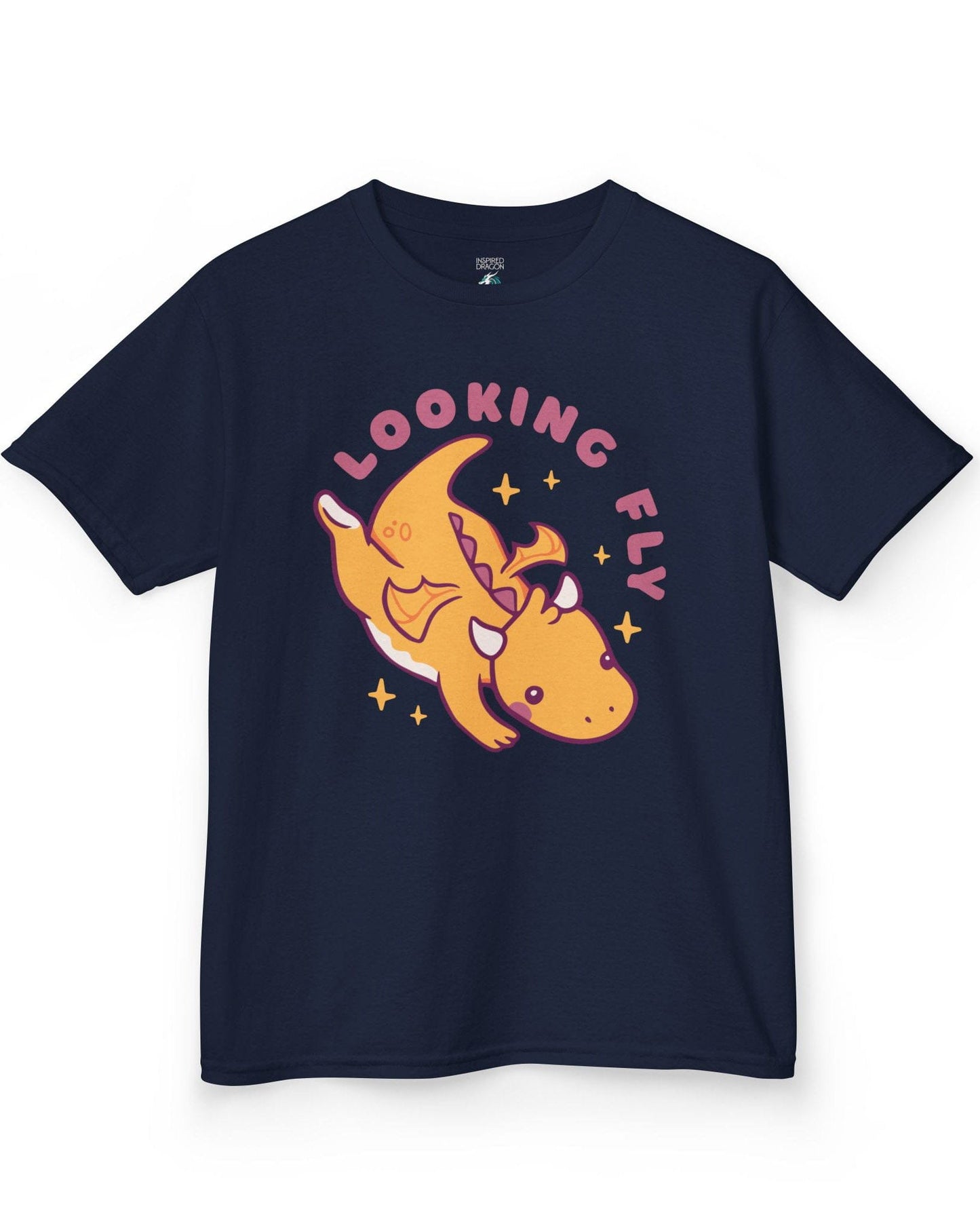 Looking Fly shirt in navy, featuring a cute orange dragon flying with sparkles around it.